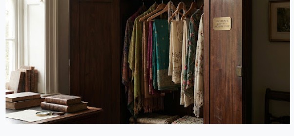 Open wardrobe with silk garments, pearls, and a study desk with antique books